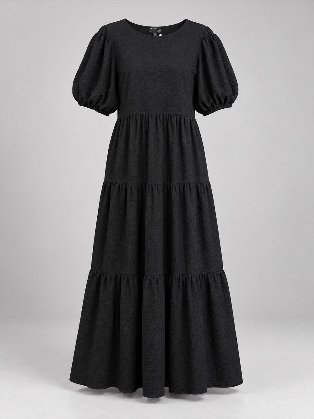 ASOS DESIGN Black Textured Tiered Maxi Dress with Puff Sleeves US12